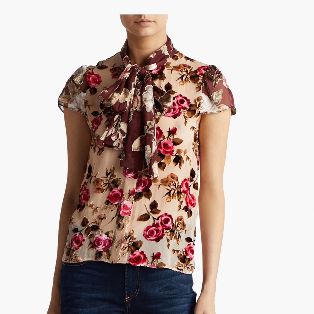 Alice + Olivia Jeannie Bow Collar Cap Sleeve Button Down Blouse